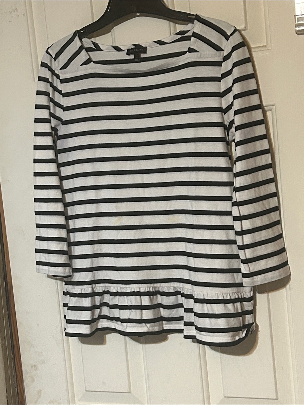 Talbots White and Black Striped Peplum Top